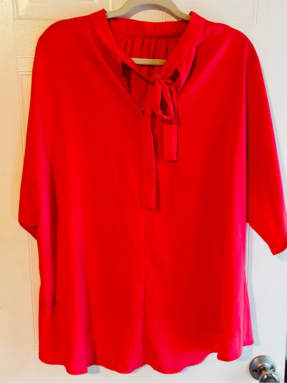 Coral Tie Neck Blouse 3/4 Sleeve High Low Top